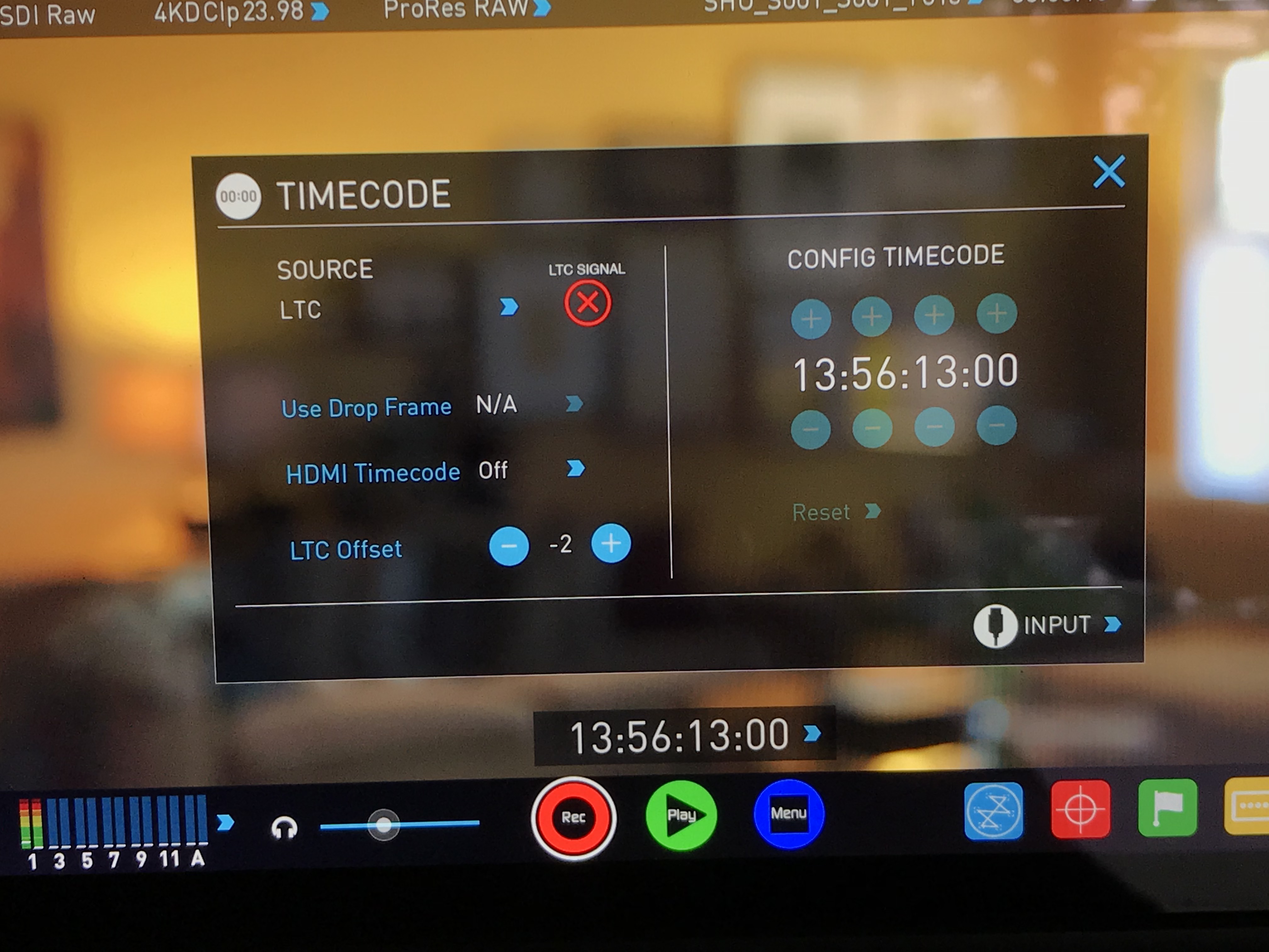 Shogun Inferno's timecode controls allow offsetting the TC signal. I find a -2 offset works best.